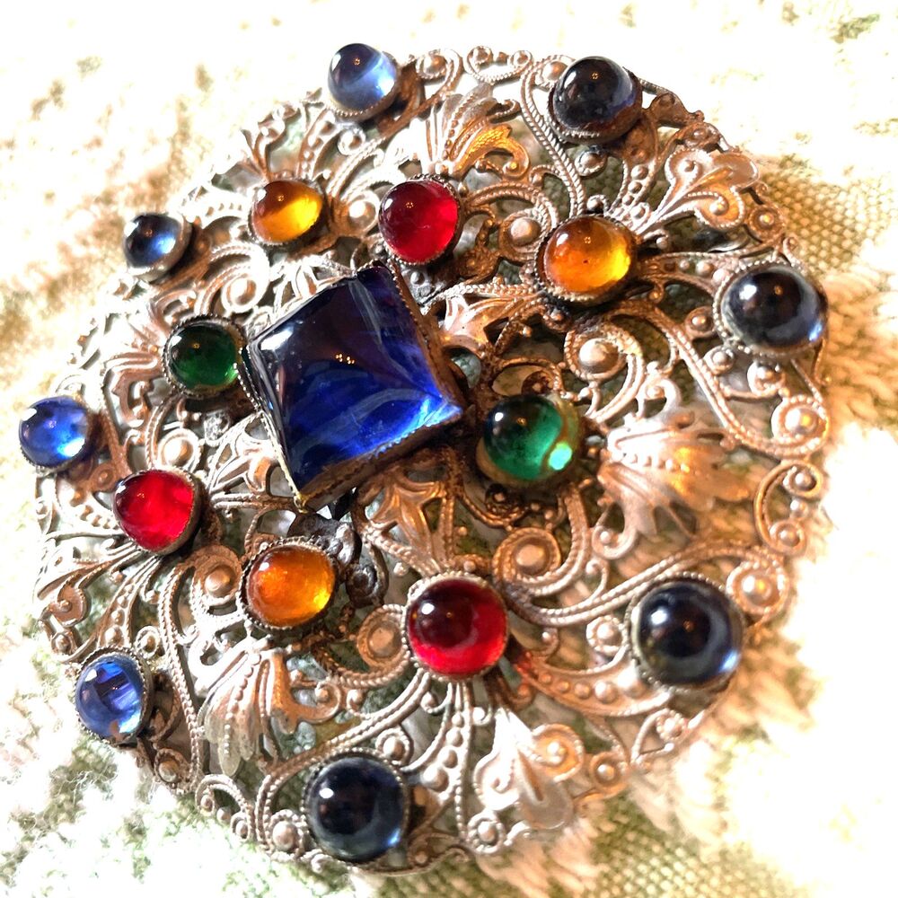 Large Fruit Salad Brooch Silver Tone Filigree C-Clasp Vintage Designer Signed